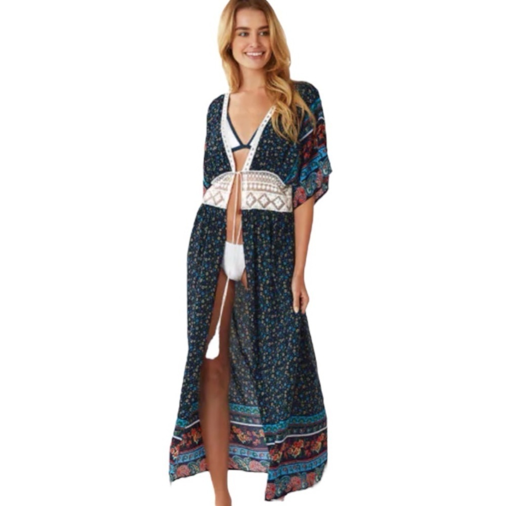 Cupshe Boho Kimono Coverup Lace Detail Blue Flowers Small